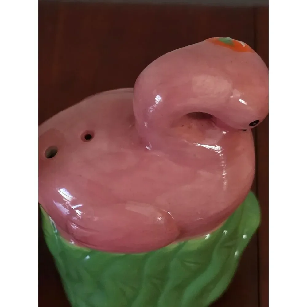 Vintage Tropical Pink Flamingo and Palm Tree Ceramic Salt and Pepper Shaker Set